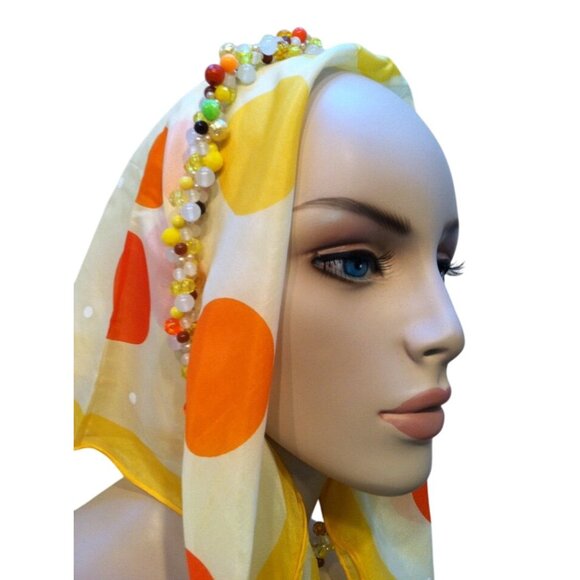 Yellow & Orange Polka Dot Head Scarf 22" Square Hand-Rolled 77% Rayon 23% Silk B - Picture 1 of 5
